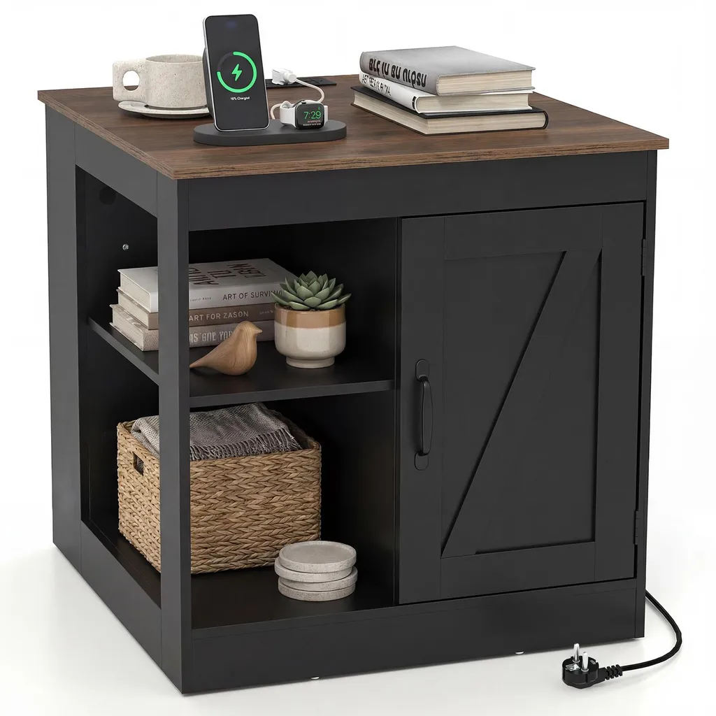 Table de Chevet Connectée en Bois avec Rangement et Prises Intégrées