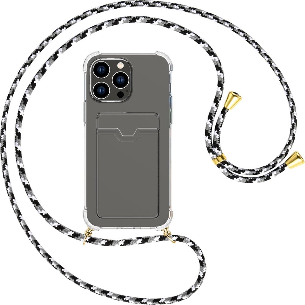 Handykette Backcover-Schutzhülle mit Band (Metall goldfarben) für Apple iPhone 15 Pro Max - schwarz/grau/weiß