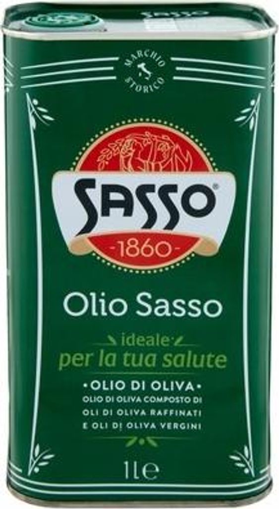 A close-up of a green metal can of Sasso olive oil.