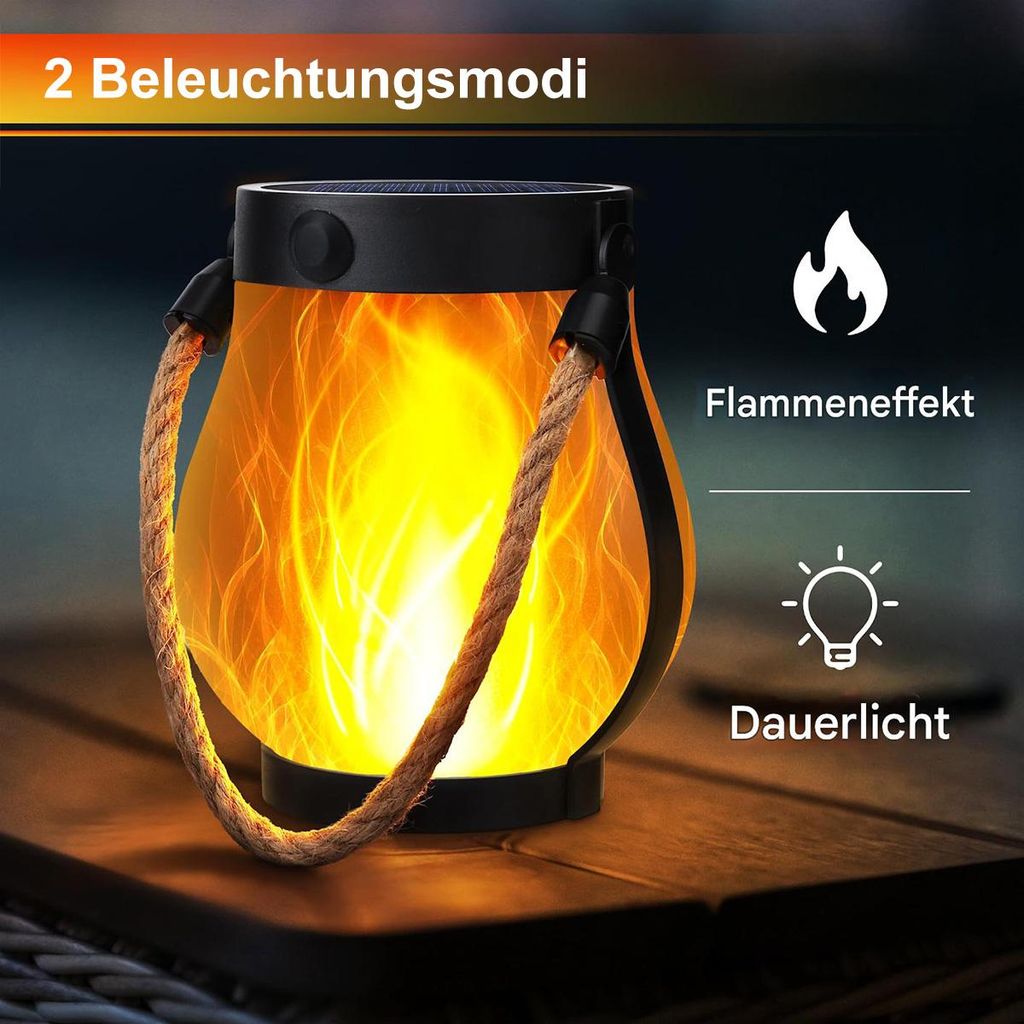 2er Set Flammen Solarlaterne Außen – Realistischer Flammeneffekt, Solar + USB, Hängelaterne Für Garten, Balkon & Terrasse Mit Hanfseil