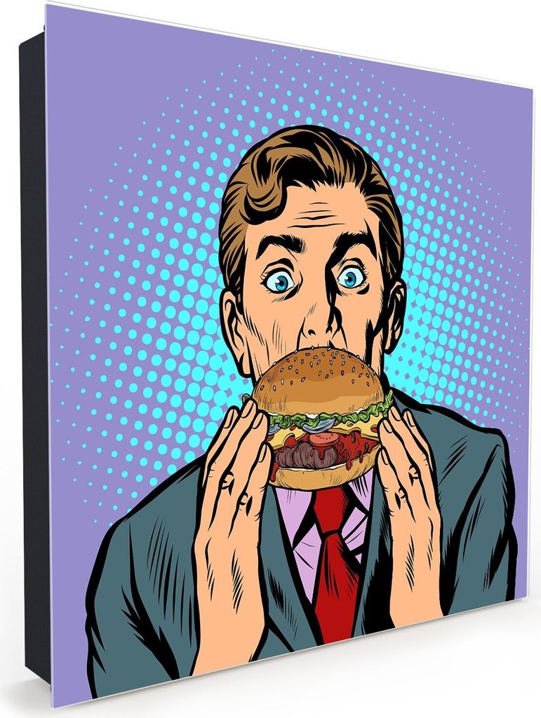 Nachbildung-Schlüsselkasten, Magnetpinnwand und Memoboard mit Glasfront Motiv Mann isst Burger