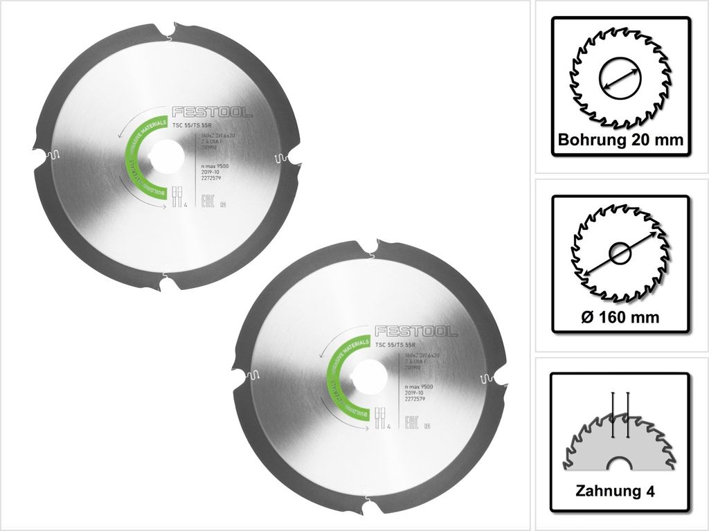 Festool 2x Diamant Sägeblatt 160 x 2,2 x 20 mm DIA4 für TS 55 R und TSC 55 ( 2x 201910 )