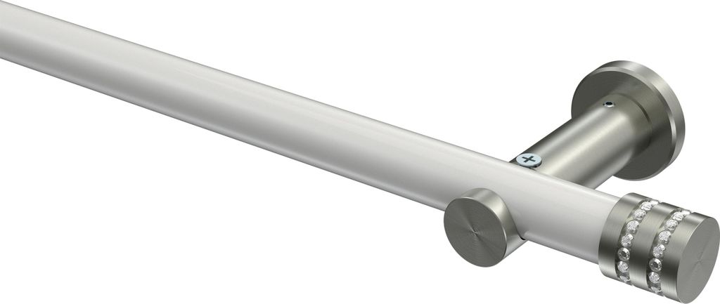 Interdeco Gardinenstange / Vorhangstange Weiß / Edelstahl-Optik, Typ Platon Estana (Glitzerkappe) ohne Ringe, 20 mm Ø 1-läufig, 200 cm