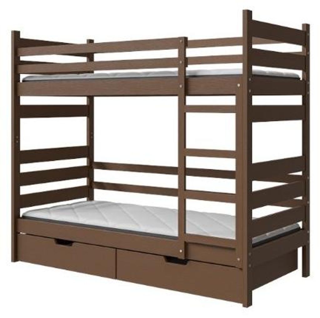 Masseno Etagenbett DRAKO 80x190 cm mit Schublade, Rausfallschutz, Kinderbett mit Leiter für Mädchen und Jungs, Stockbett, Nussbaum