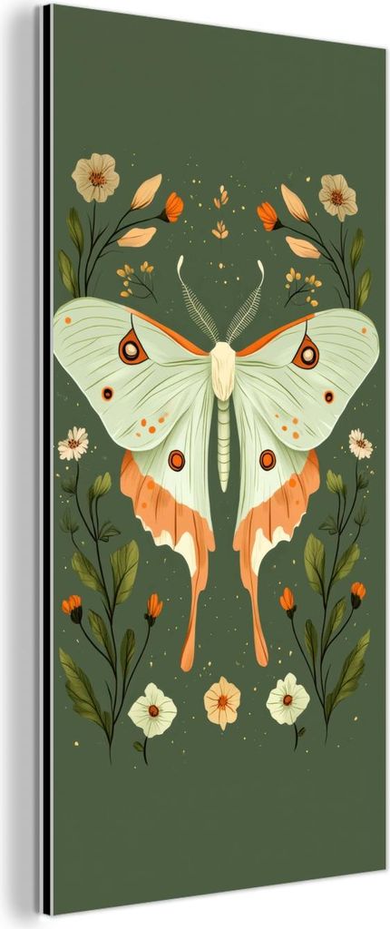 MuchoWow Wanddekoration Metall Metallbild Wandkunst 20x40 cm Blumen - Blätter - Olivgrün - Schmetterling MuchoWow Aluminium Gemälde - Aluminium ...