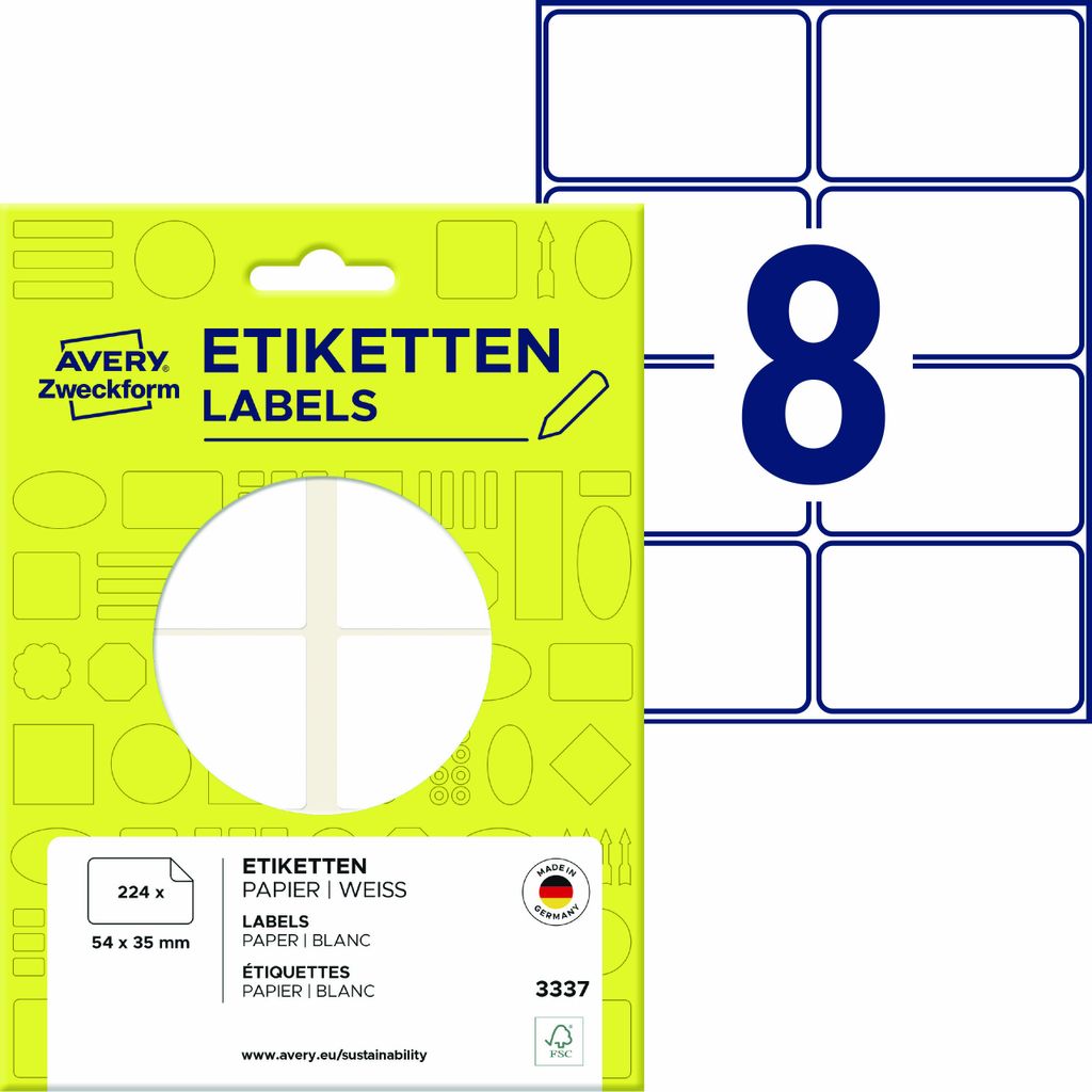 Avery Zweckform 3337, Vielzweck-Etiketten, 54 x 35 mm, 224 Etiketten / 28 Bögen, Weiß