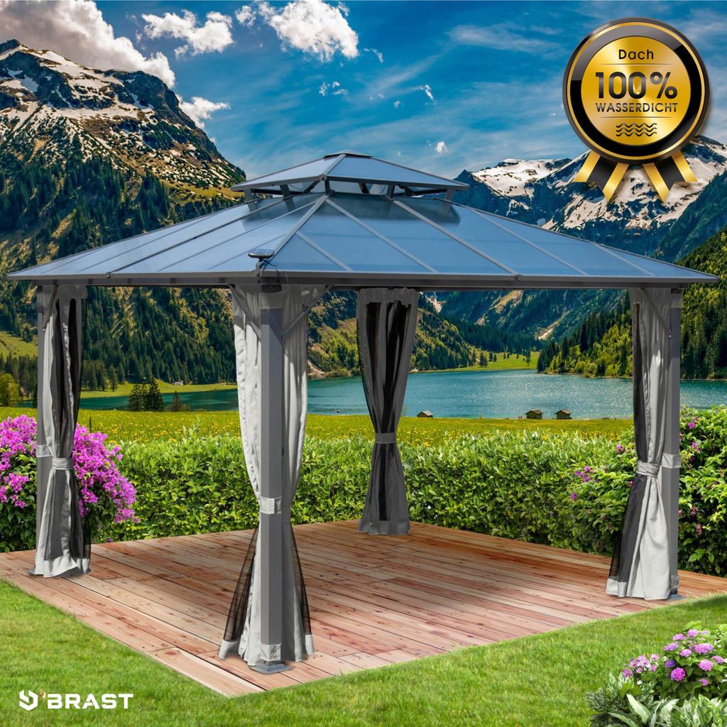 Alu Pavillon PAGODE 3,5x3,5m hellgrau mit Moskitonetz Produktbild 
