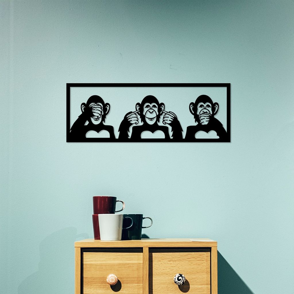 Wallity, Three Monkeys - M, Wanddeko, Schwarz, Metall, 70 x 25 cm