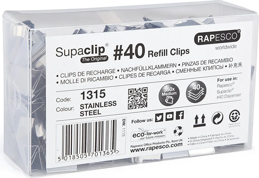 Pinces de Reliure Supaclip 40 Rapesco en Acier Inoxydable par 350 Clips