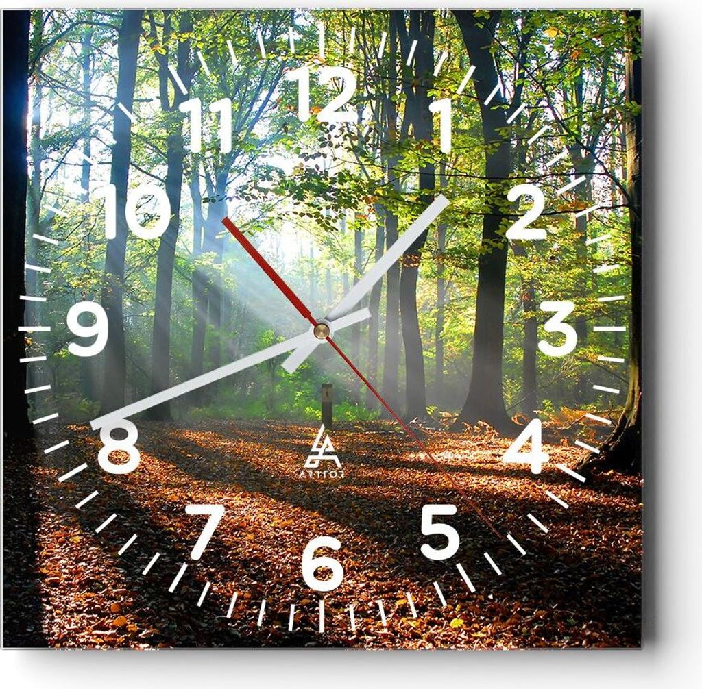 Wanduhr - Quadrat - Glasuhr - Wald Blätter Sonne - 40x40cm - Schleichendes Uhrwerk - Lautlos - zum Aufhängen bereit - Dekoration Modern - Wanddek...