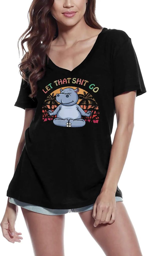 Damen Grafik T-Shirt V-Ausschnitt Hippopotamus lass den Scheiß Yoga Frieden – Hippopotamus Let That Shit Go Yoga Peace – Öko-Verantwortlich V...