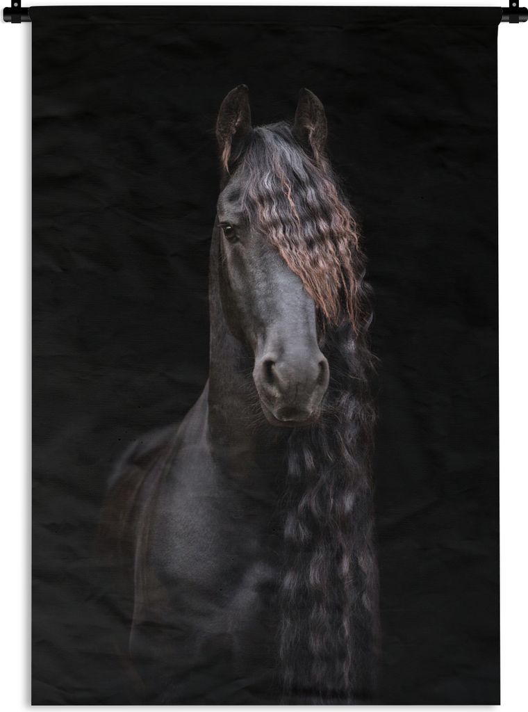 MuchoWow Wandteppich Wandbehang Pferde - Friesisch - Mähne - Schwarz - Tiere 60x90 cm Tapisserie Dekoration Wandtuch - Foto-Teppich - Abwaschbar