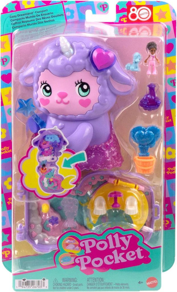 Mattel Polly Pocket Traumland-Schatulle in zauberhafter Lammform mit 1 Minipuppe und Haustier-Einhorn, Reisespielzeug mit Futte