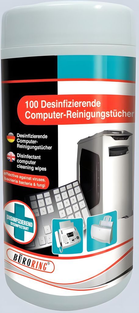 Büroring Reinigungstücher, für Tastaturen und EDV Geräte, desinfizierend, alkoholfrei, Spenderdose, 100 Reinigungstücher