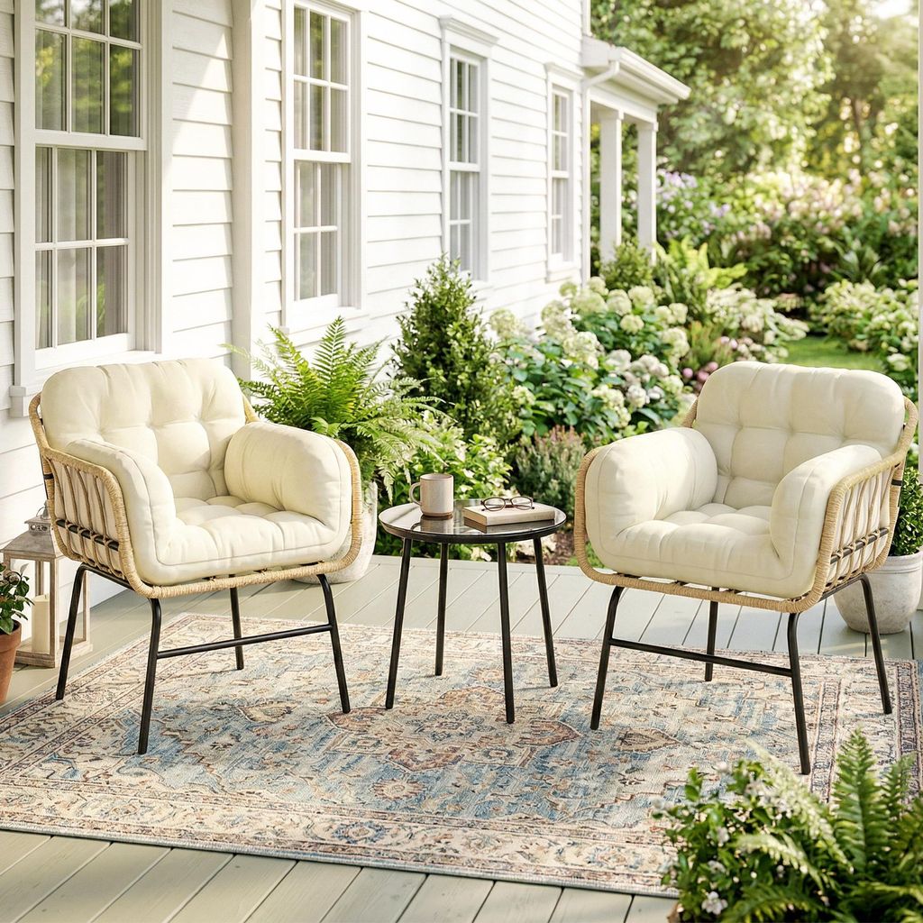 Polyrattan Lounge Gartenmöbel Set 3-teilig 2 Personen Balkonmöbel Sitzgruppe mit Kissen & Couchtisch Sicherheitsglas Wetterfest Khaki