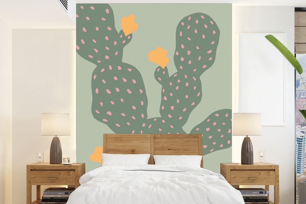 MuchoWow Fototapete für Wohnzimmer oder Schlafzimmer Wandtapete Vinyl Motivtapete Kaktus - Grün - Natur - Gelb - 190x260 cm - Papiertapete