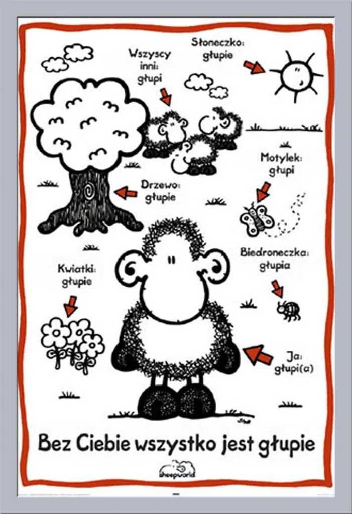 Poster Sheepworld Bez Ciebie avec cadre argenté en acrylique 61x91 cm