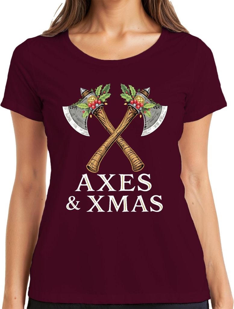 Axes & Xmas Wikinger Axt Weihnachten Geschenk Vintage Damen T-Shirt, Burgundy, S