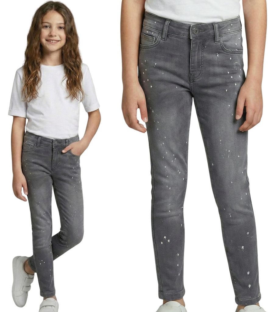Graue Mädchen Jeans im Used-Look mit Farbspritzern, bequeme Hose 146