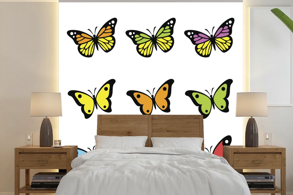 MuchoWow Fototapete für Wohnzimmer oder Schlafzimmer Wandtapete Vinyl Motivtapete Eine Illustration von neun Schmetterlingen auf einem weißen H...