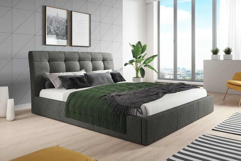 Polsterbett 90x200 Grau Webstoff Stoff Bett mit Lattenrost aus Holz und mit Stauraum
