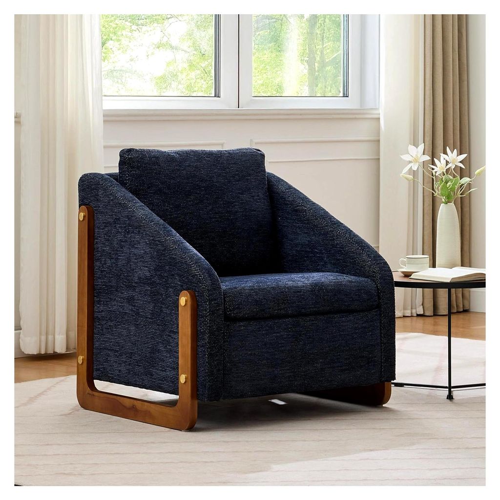 Loungesessel, Akzentstuhl für Wohnzimmer, Moderner Stuhl mit Holzarmlehnen und Rückenkissen, Grauer Chenillestoff, 73,5x73,5x73,5 cm