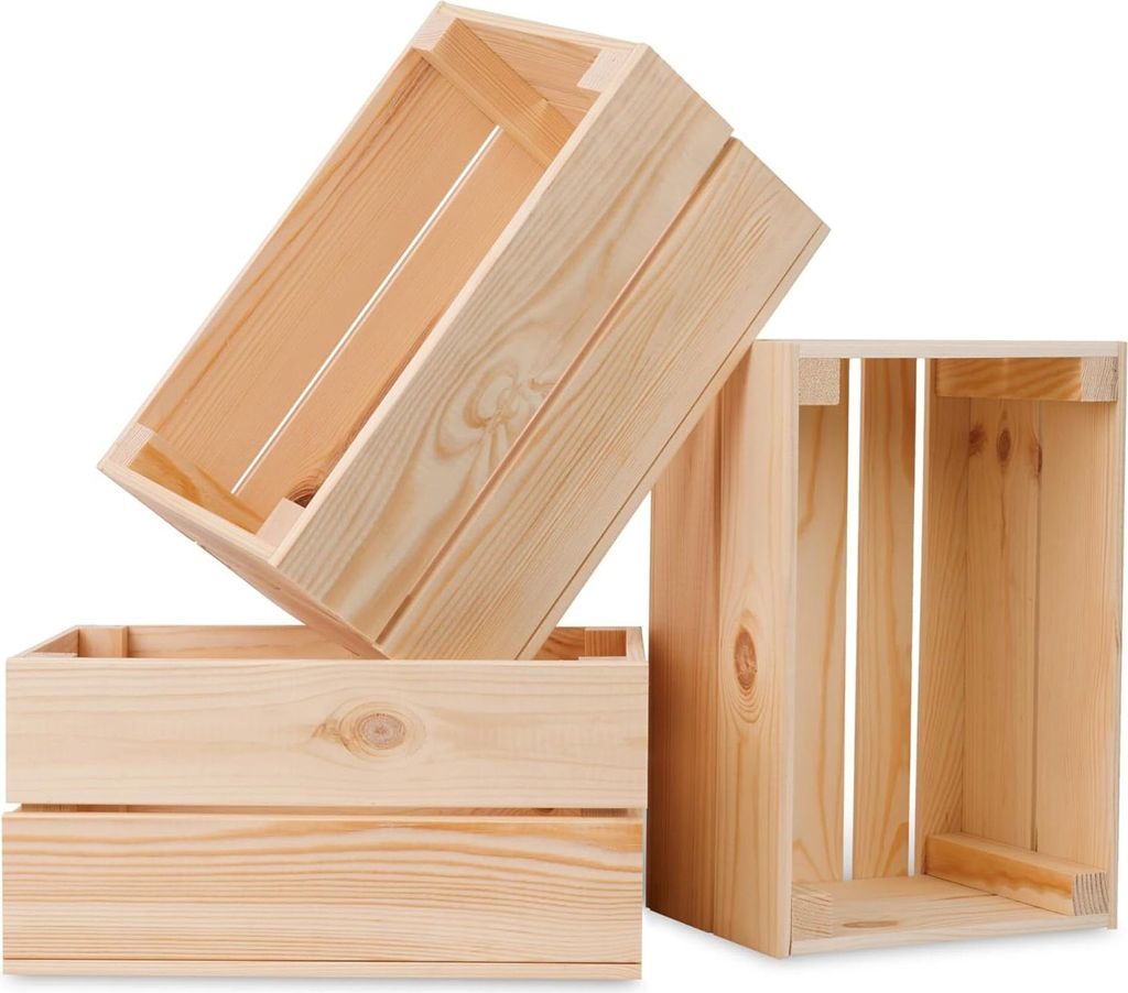 3x PINEEA Holzkiste Klein 30x20x15 - Natur Vintage Weinkiste, Deko- und Obstkiste aus Holz