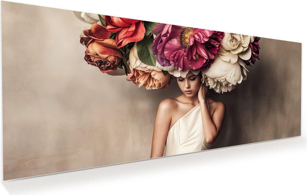 Glasbild 150x60cm in XXL für Wohnzimmer, Schlafzimmer Motiv Blumenhut Portrait