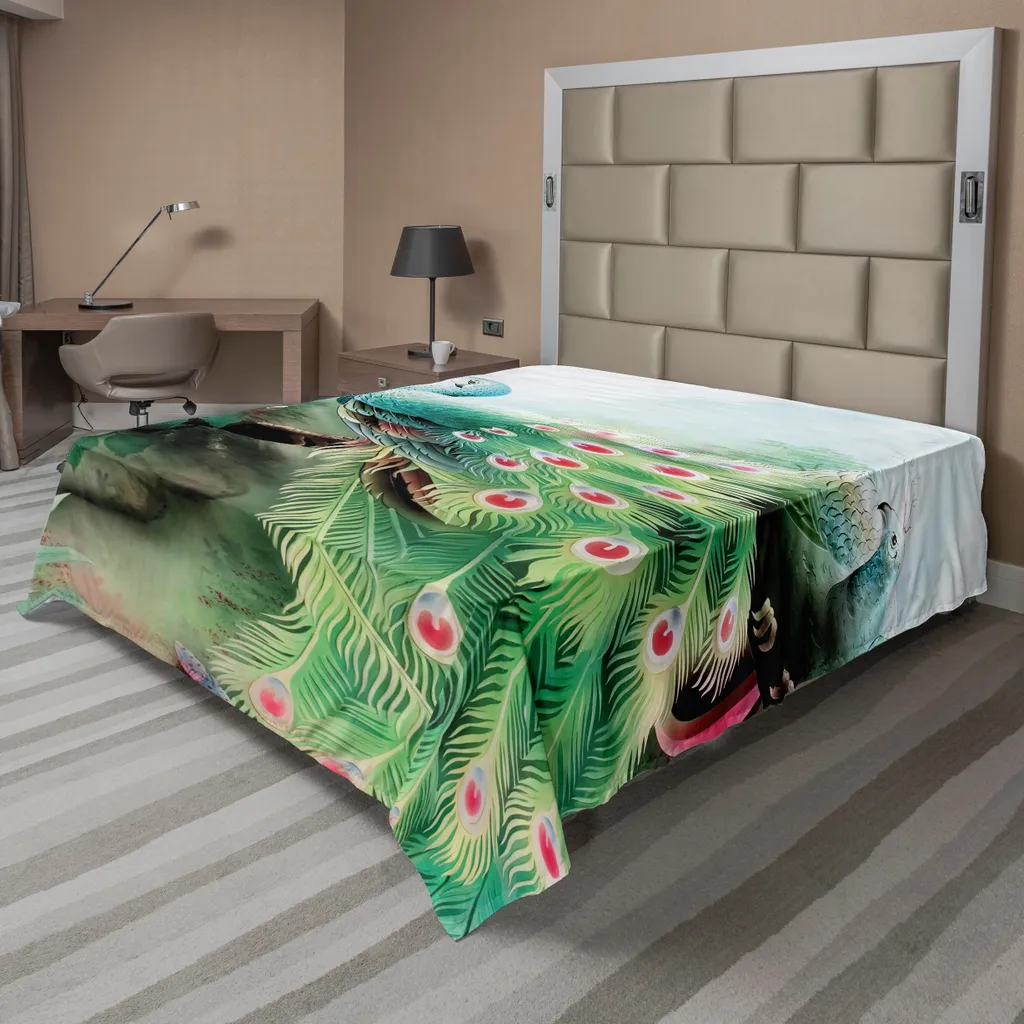 ABAKUHAUS Lenzuolo Peacock, fantasia floreale estiva Giardino in colori vivaci Effetti pittorici Stampa artistica naturale, lenzuolo morbido e confortevole per un letto decorativo 1 pezzo 275 cm x 260 cm, verde - 1