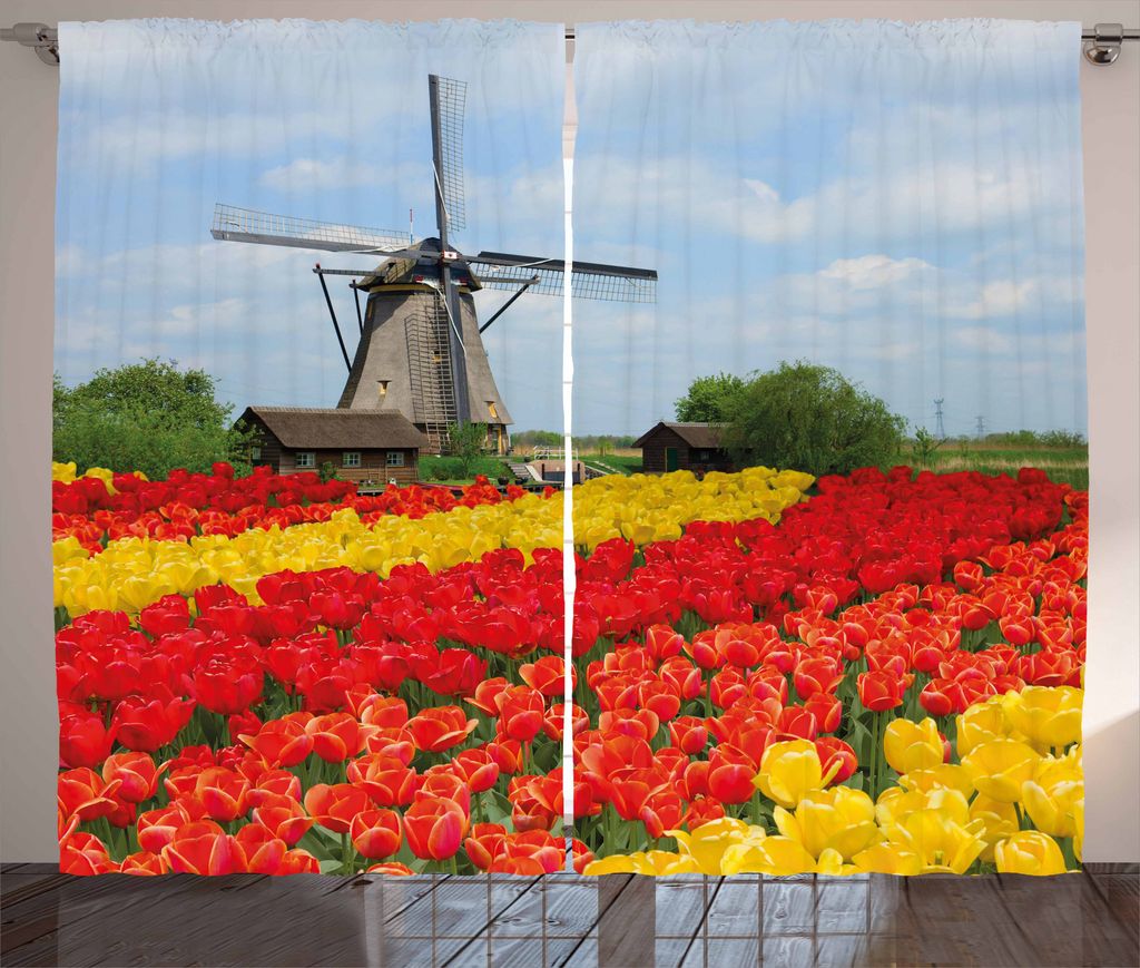 ABAKUHAUS Windmühle Rustikaler Gardine, Nordeuropa Garten, Schlafzimmer Kräuselband Vorhang mit Schlaufen und Haken, 280 x 175 cm, Mehrfarbig