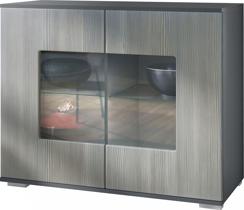 Vladon Kommode Grömitz V3, Moderner Küchenschrank mit 2 großen Glastüren Anthrazit matt / Avola-Anthrazit (92,5 x 75.5 x 35)