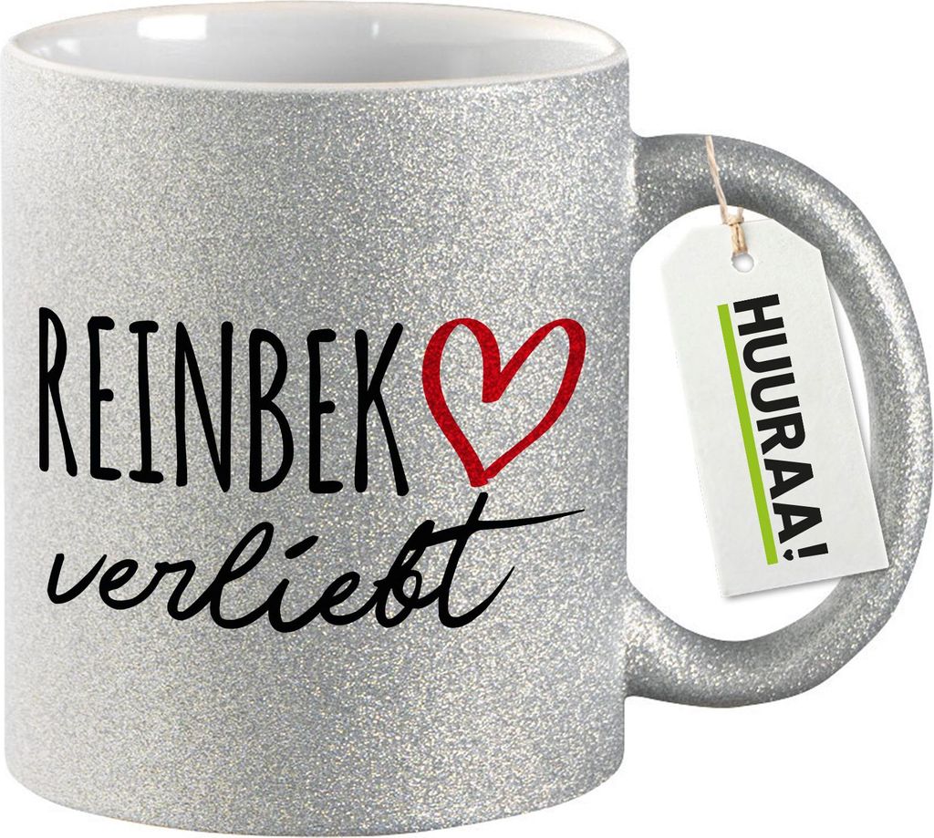 Huuraa Glitzertasse Reinbek verliebt 330ml Silber Keramik Kaffeebecher Geschenkidee