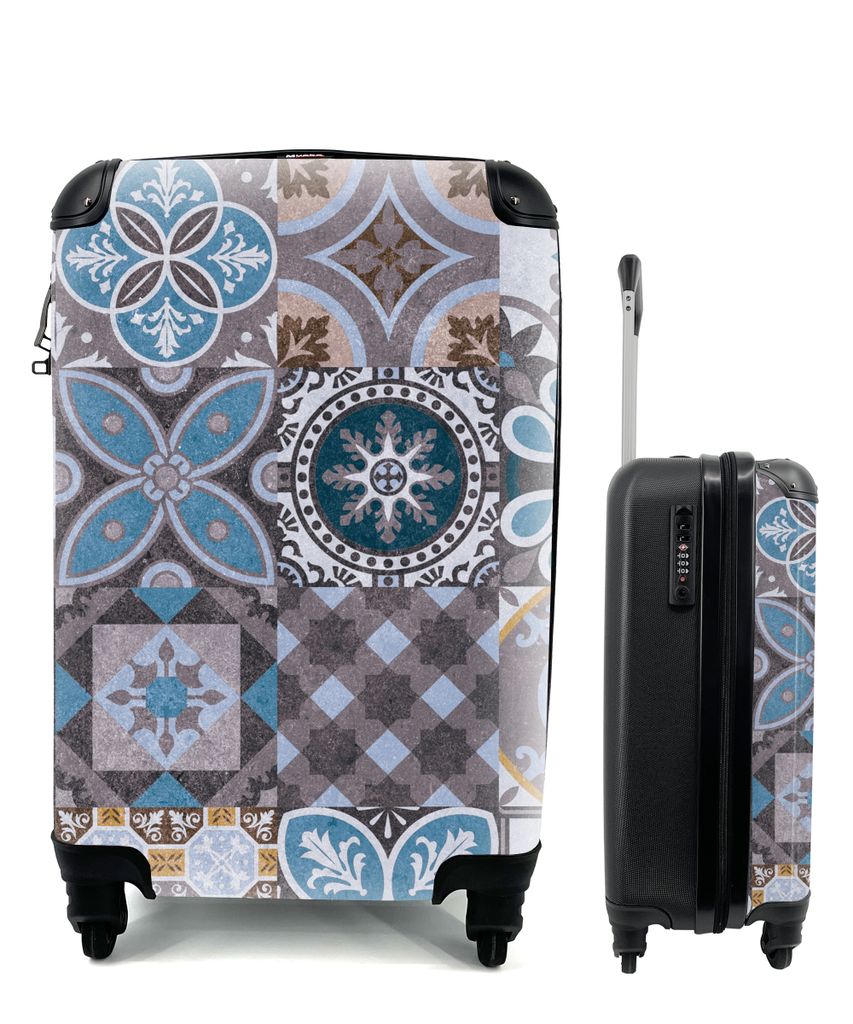 MuchoWow Koffer Handgepäck Trolley Rollkoffer Kleine Reisekoffer mit 4 Rollen - Blumen - Muster - Blau - Braun - Cabin Size < 55x40x23 cm & 55x4...