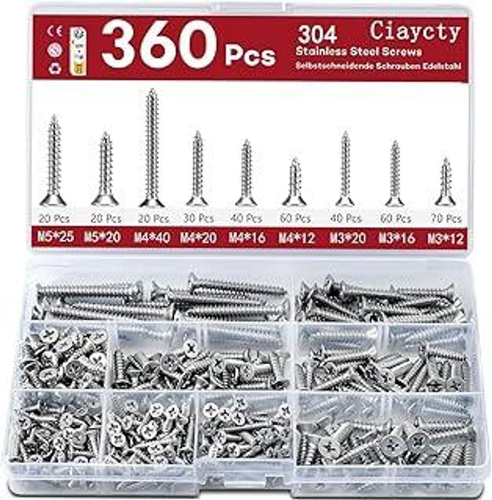 360 Stück Edelstahl Schrauben Set, M3/M4/M5 Holzschrauben Edelstahl A2 V2A, Holzschrauben Kurz, Senkkopf Schrauben Holzschraubens Sortiment, Unive...