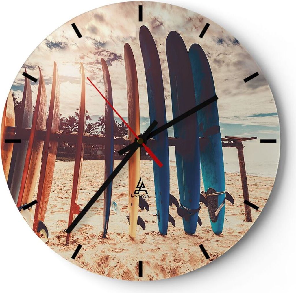 Wanduhr - Rund - Glasuhr - Surfen Strand Board - 30x30cm - Schleichendes Uhrwerk - Lautlos - zum Aufhängen bereit - Dekoration Modern - Wanddekora...