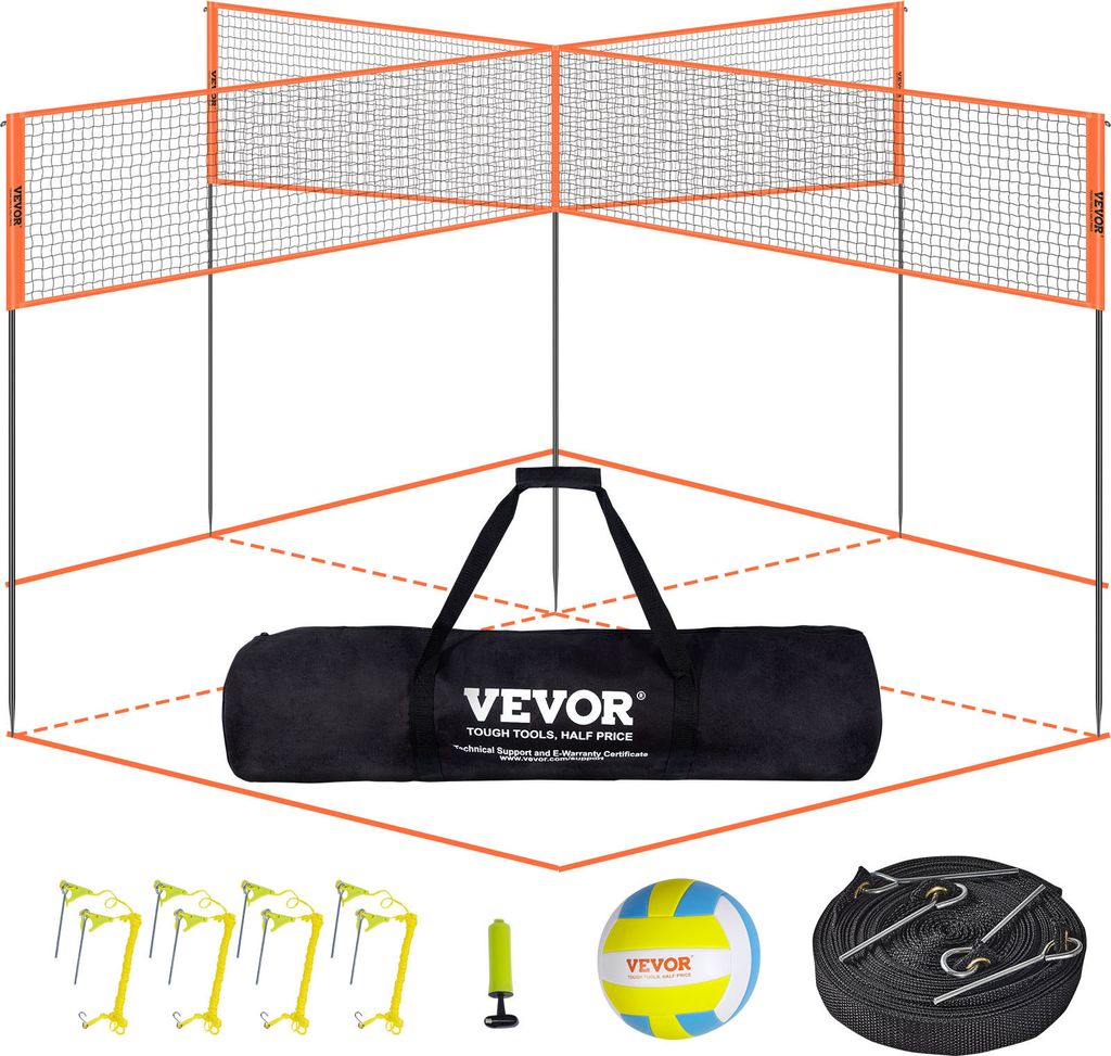 VEVOR Volleyballnetz Höhenverstellbares Volleyballnetz Set, 4,3 x 2,2 m Tragbarer Beachvolleyball-Netz, Orange Volleyballnetz Faltbare Volleyballnetz mit Volleyball & Tragetasche, für Garten, Strand