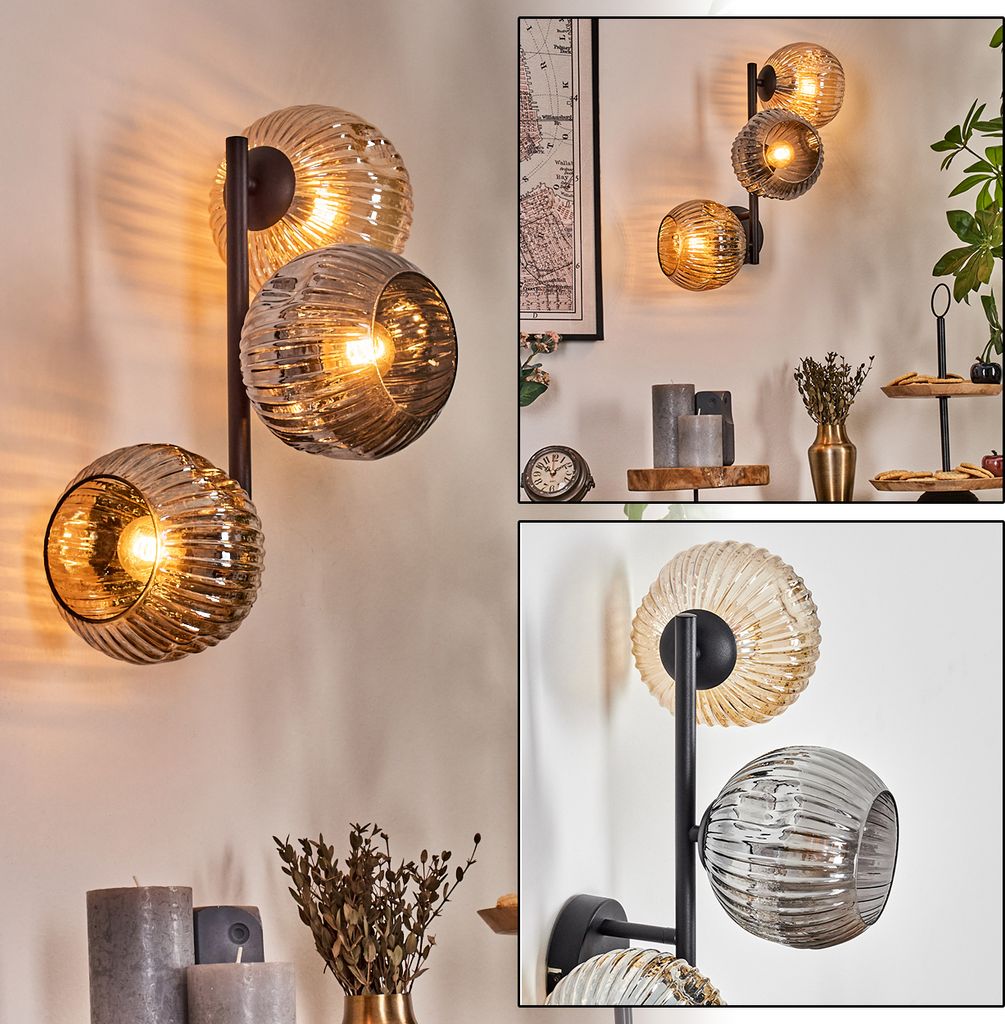 Villamare Wandlampe aus Metall/Riffelglas in Schwarz/Bernstein-/Rauchfarben