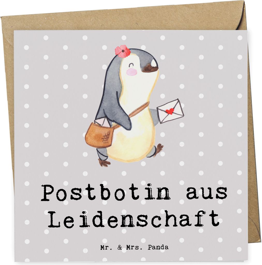Mr. & Mrs. Panda Grußkarte Postbotin Leidenschaft - Grau Pastell - Geschenk, anlasskarte, Briefzustellerin, Klappkarte, Glückwunschkarte, Brieftr...