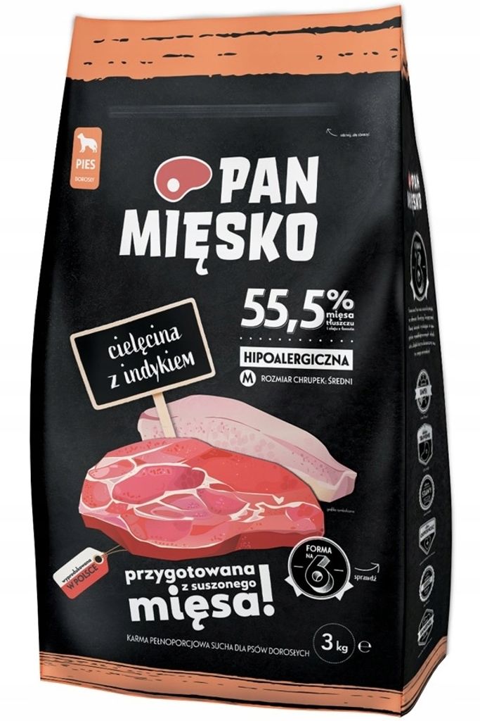 A bag of dog food with images of meat.