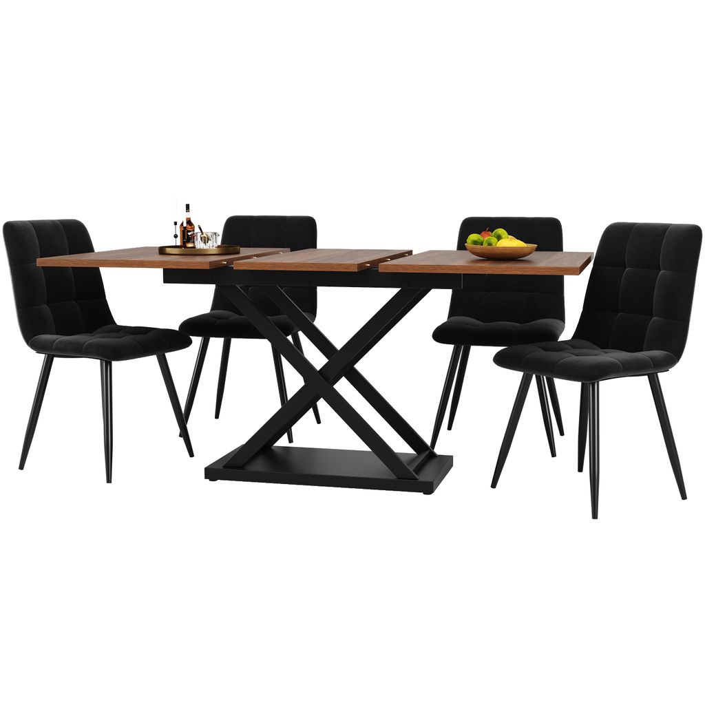 Essgruppe (5-tlg), Ausziehbares Esstischset für 4 Personen,160×80×75cm Esstisch mit 4 Esszimmerstühlen,Nussbaumfarbener Esstisch