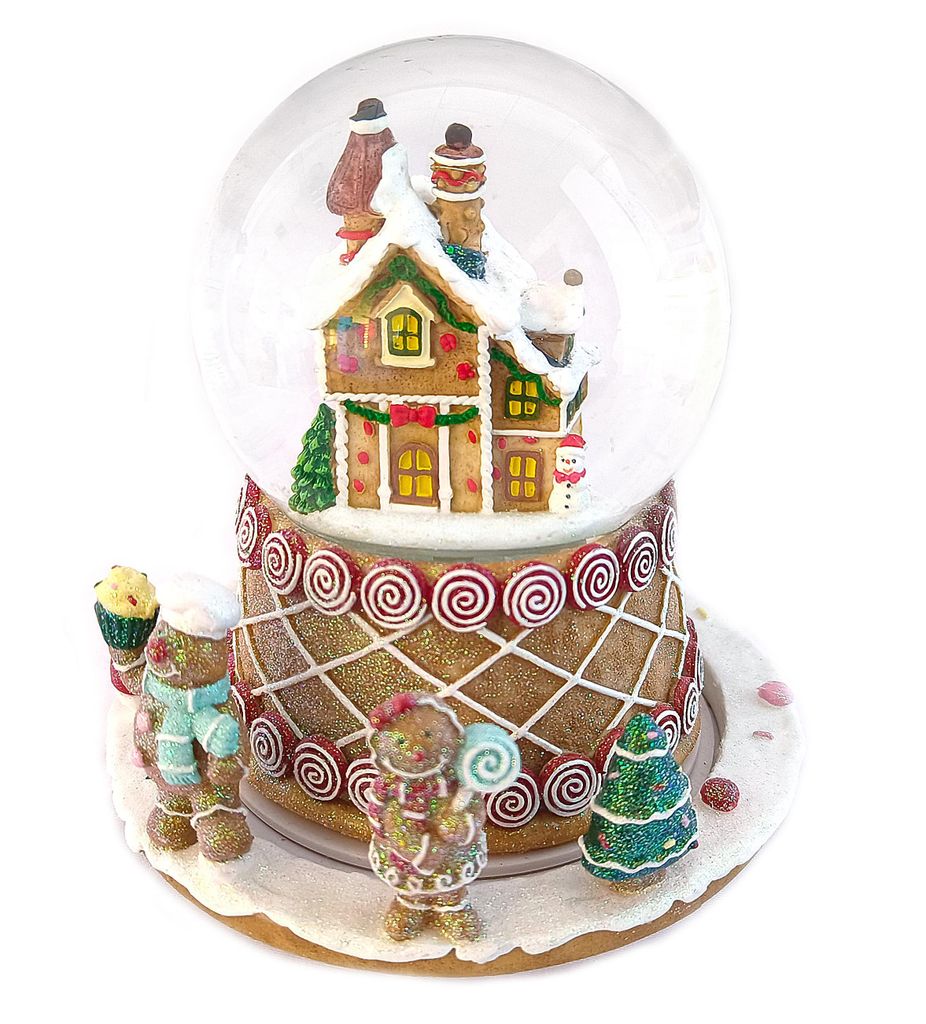 Schneekugel mit Lebkuchenhaus – Festliche Spieluhr mit Schneeflocken-Effekt, Weihnachtsklängen und On-/Off-Schalter (2x LR44 Knopfzellen erforde...