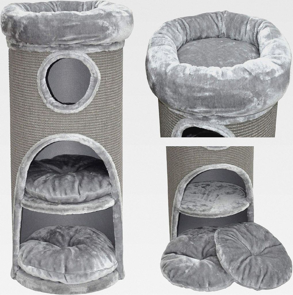 Katzen Kratztonne Kratzbaum grau - 100 x 40 cm - standfest - mit Katzenbett, Plüschrand und Katzenhöhle