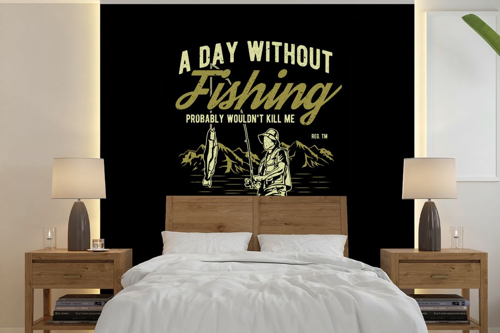 MuchoWow Fototapete für Wohnzimmer oder Schlafzimmer Wandtapete Vinyl Motivtapete Fisch - Rute - Jahrgang - 260x260 cm - Papiertapeten