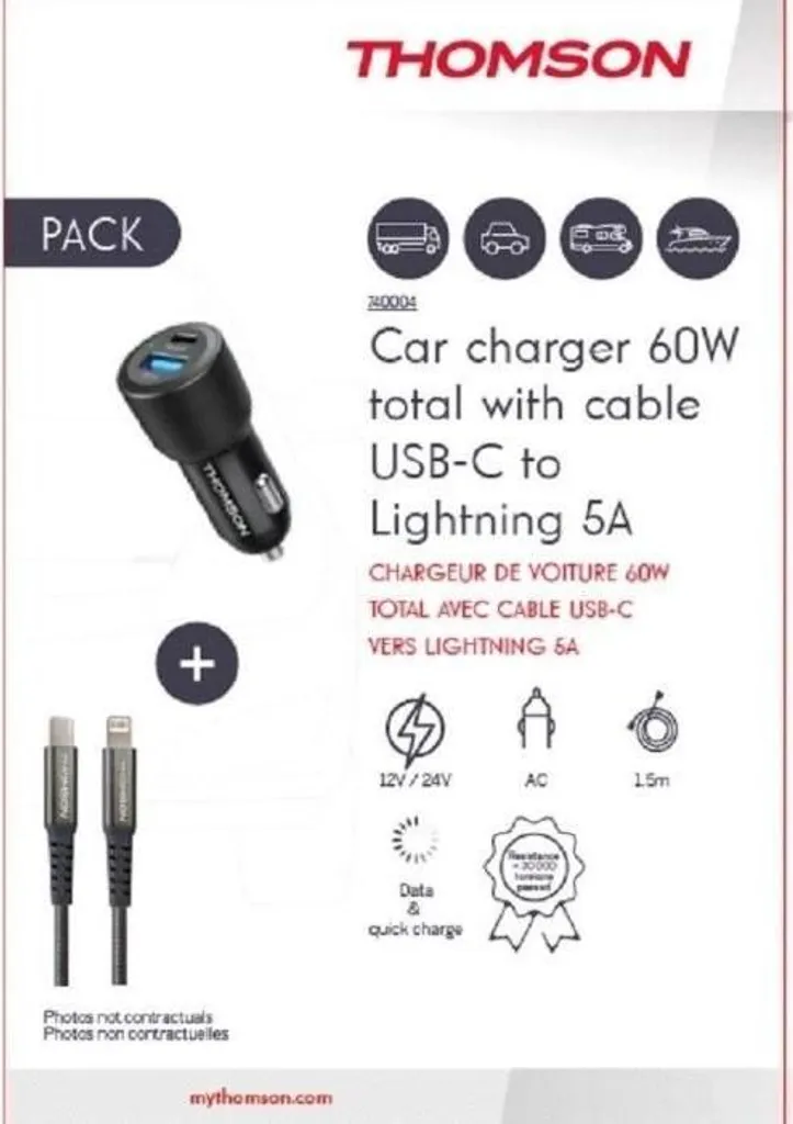 Caricatore Auto Thomson 60W con Cavo Lungo 1.5m - Ideale per Famiglie