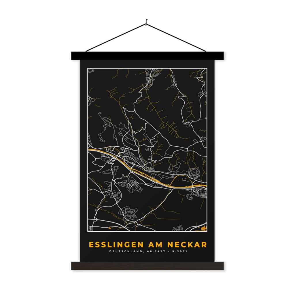 MuchoWow Textilposter Stadtplan - Karte - Deutschland - Gold - Esslingen am Neckar - Karte 120x180 cm mit schwarzem Rahmen - Fotos