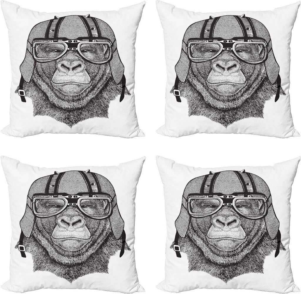 ABAKUHAUS Gorilla Kissenbezug Set (4 Stück), Hipster Grumpy Biker Ape, Moderner Doppelseitiger Digitaldruck, 40 cm x 40 cm, Charcoal Grau Weiß