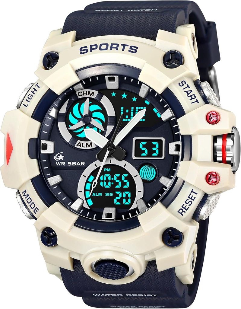 Herren Sport Militär Armbanduhr Analog Digital Dual Time 5ATM Wasserdicht LED Wecker Stoppuhr Kalender 12/24H Outdoor robuste Uhr