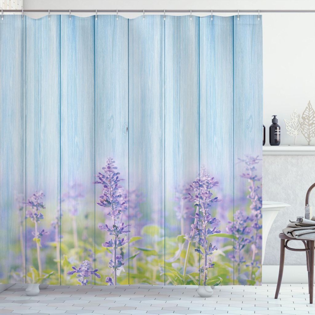 ABAKUHAUS Blumen Duschvorhang, Blühende Lavendel-Blumen Florets-Feld blüht ländliches auf hölzernem Natur-Bild, 175 x 180 cm, Lila Blau