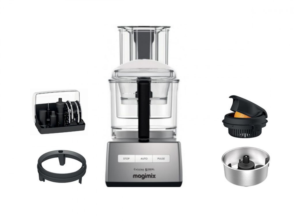 A food processor and its accessories are displayed against a white background.