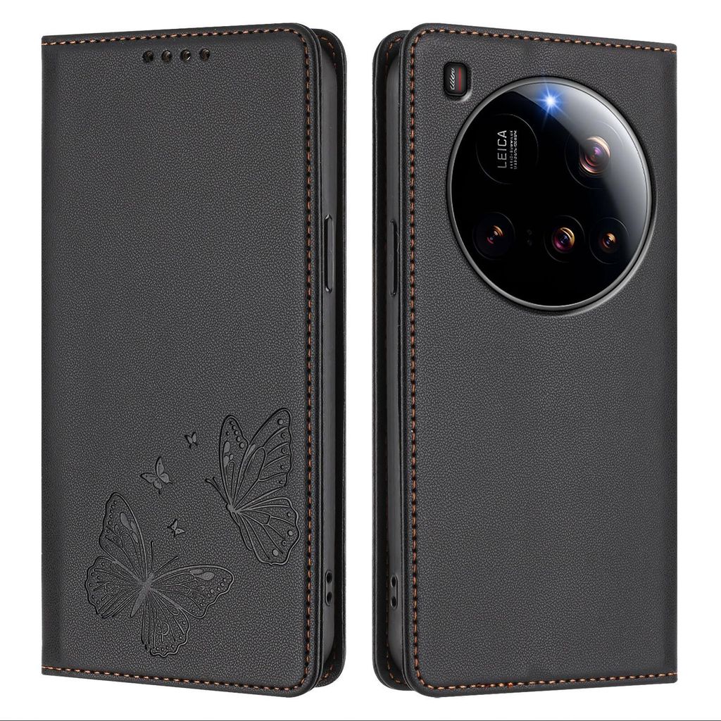 Lederhülle für Xiaomi 15 Ultra, Schmetterling Prägung Leder Brieftasche Schutzhülle mit Ständer Schwarz